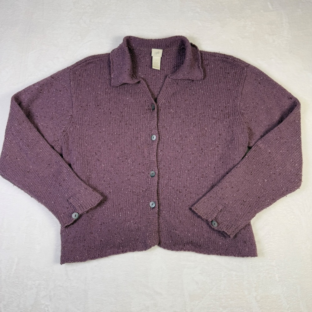 J. Jill‎ Womens Medium Silk Blend Textured Knit Button Cardigan Sweater Purple